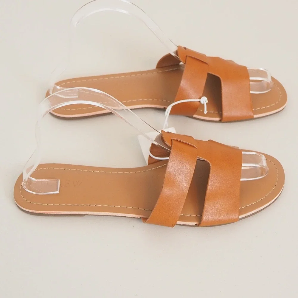 J.Crew Women's Size 7 Tan Brown‎ Leather Slide Sandals Flat Slip On "H" Shape - Picture 4 of 11